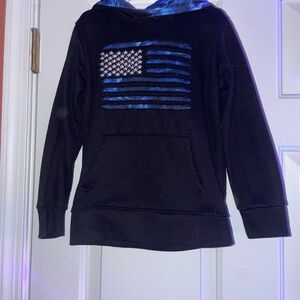 Mossy Oak- Boys Black Hoodie with Blue American Flag Design, Size 7.